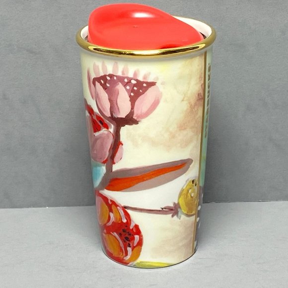 Starbucks 2014 Watercolor Floral 10 oz Ceramic Traveler Tumbler Mug Red Lid - Picture 3 of 12
